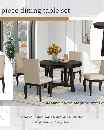 RITSU 5-Piece Farmhouse Round Retractable Table Set with 4 Upholstered Dining Chairs, Copper Ingot Trim, MDF and Rubber Wood for Living Room, Apartment,Espresso, 58inch - LeafyLoom