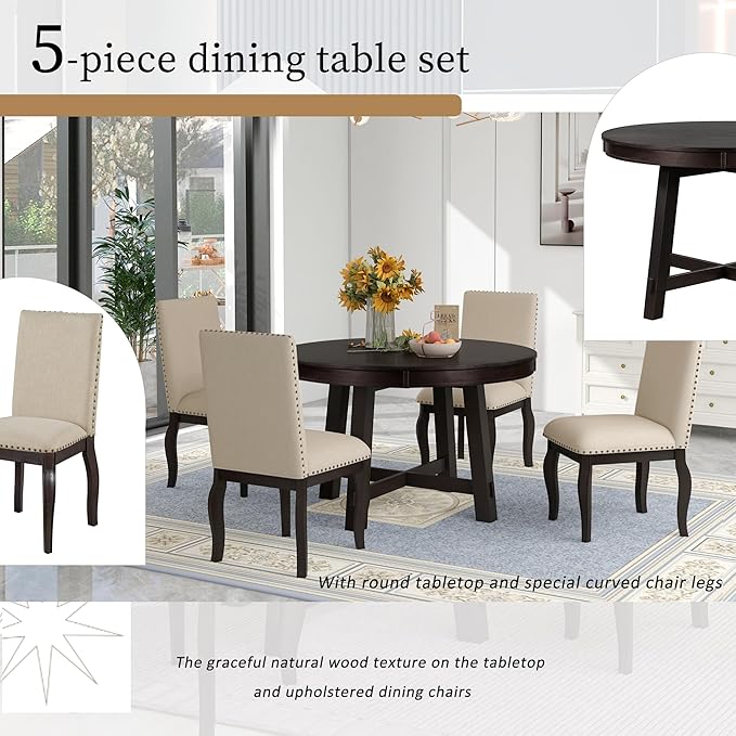RITSU 5-Piece Farmhouse Round Retractable Table Set with 4 Upholstered Dining Chairs, Copper Ingot Trim, MDF and Rubber Wood for Living Room, Apartment,Espresso, 58inch - LeafyLoom