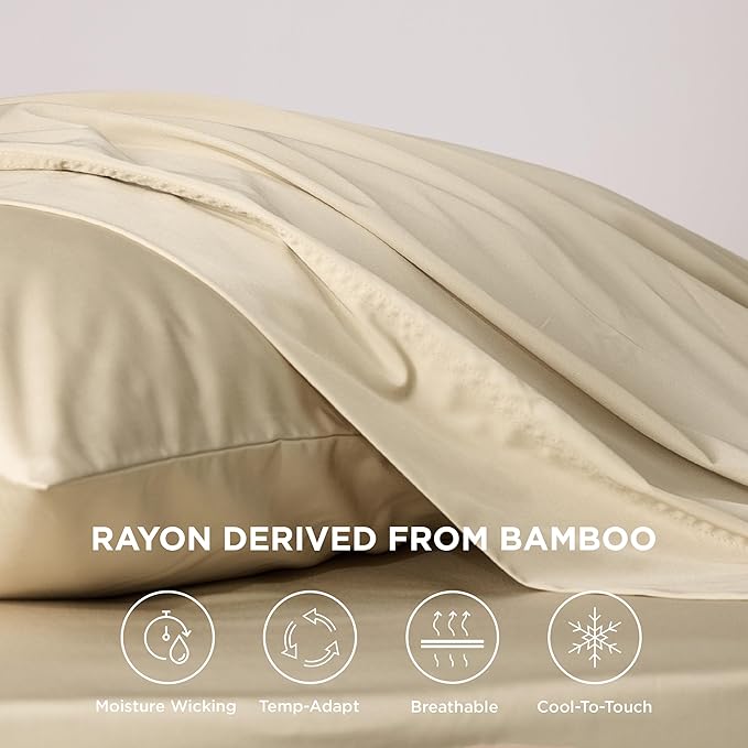 Bedsure Twin XL Sheet Set Dorm Bedding, Cooling Sheets Twin Extra Long Sheets, Rayon Derived from Bamboo, Deep Pocket Up to 16", Hotel Luxury Silky Bedding Sheets & Pillowcases, Beige - LeafyLoom
