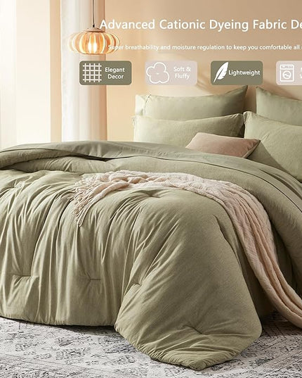 UNILIBRA Full Size Comforter Set - 7 Pieces Bed in a Bag Full Size Olive Green Soft for All Seasons-Cationic Dyeing Bedding Comforter Sets with Comforter, Flat Sheet, Fitted Sheet, Pillowcases & Shams - LeafyLoom