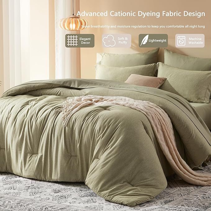 UNILIBRA Queen Comforter Set 7 Pieces Bed in a Bag - Olive Green Queen Soft Bedding Set for All Seasons-Cationic Dyeing Bed Comforter Sets with Comforter, Flat Sheet, Fitted Sheet, Pillowcases & Shams - LeafyLoom