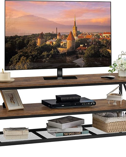 WEENFON Wood TV Stand for 55 Inch TV, 47 Inch Metal TV Table with Adjustable Leg, Unique Rustic Storage Shelve for Living Room, 3-Tiers TV Console for Bedroom, Rustic Brown - LeafyLoom