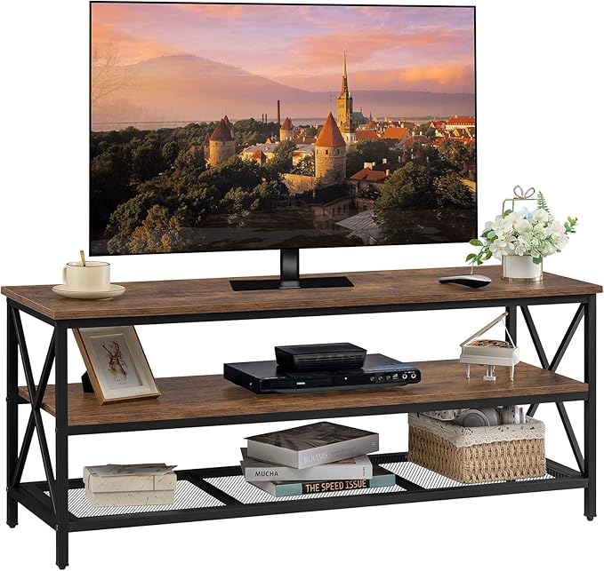 WEENFON Wood TV Stand for 55 Inch TV, 47 Inch Metal TV Table with Adjustable Leg, Unique Rustic Storage Shelve for Living Room, 3-Tiers TV Console for Bedroom, Rustic Brown - LeafyLoom