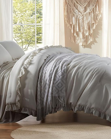 Anluoer Queen Comforter Set 7 Piece, Grey Bed in a Bag with Sheets, All Season Ruffle Shabby Chic Bedding Sets with 1 Comforter, 2 Pillow Shams, 2 Pillowcases, 1 Flat Sheet, 1 Fitted Sheet - LeafyLoom