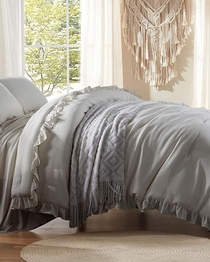 Anluoer Full Comforter Set 7 Piece, Grey Bed in a Bag with Sheets, All Season Ruffle Shabby Chic Bedding Sets with 1 Comforter, 2 Pillow Shams, 2 Pillowcases, 1 Flat Sheet, 1 Fitted Sheet - LeafyLoom