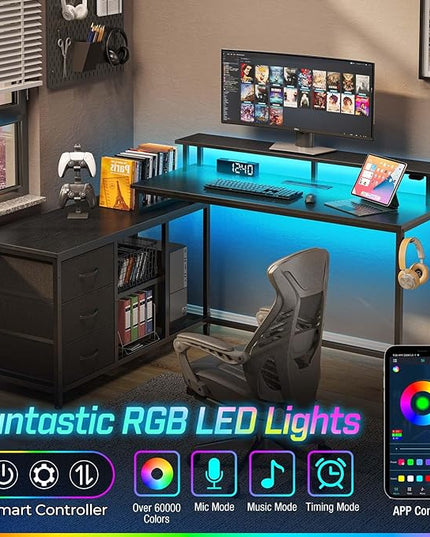Seventable L Shaped Computer Desk with Drawers, Reversible Gaming Desk with LED Lights & Charging Port, Corner Desk with Storage Shelves & Monitor Stand for Home Office Black - LeafyLoom
