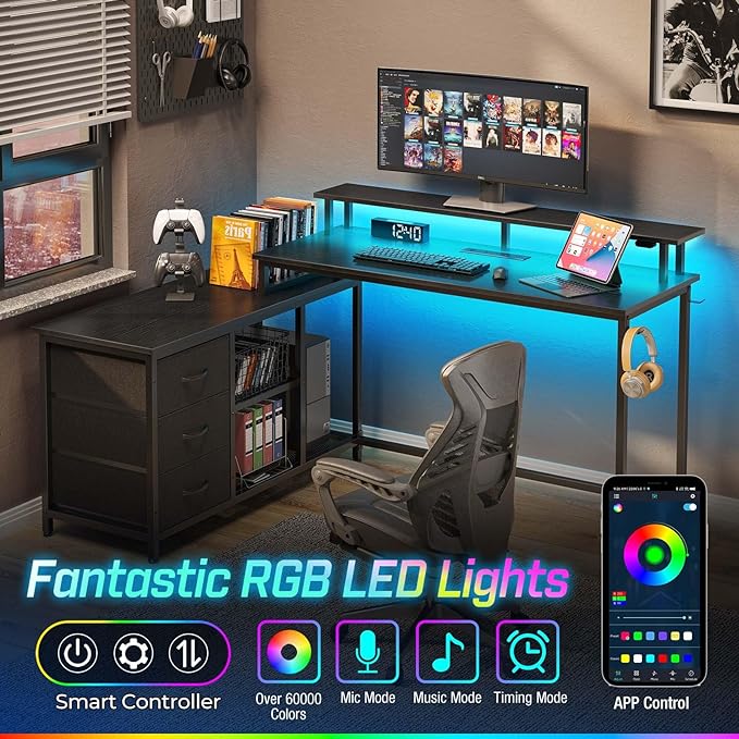 Seventable L Shaped Computer Desk with Drawers, Reversible Gaming Desk with LED Lights & Charging Port, Corner Desk with Storage Shelves & Monitor Stand for Home Office Black - LeafyLoom
