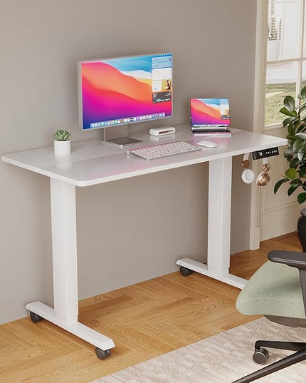 Electric Standing Desk 40 Inch, Ergonomic Height Adjustable Table with T-Shaped Metal Bracket Modern Computer Workstations for Home Office, White - LeafyLoom