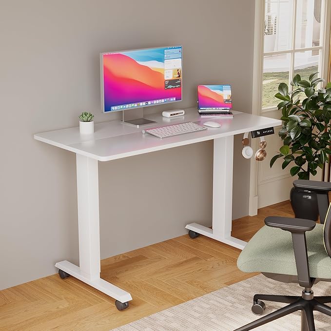 Electric Standing Desk 40 Inch, Ergonomic Height Adjustable Table with T-Shaped Metal Bracket Modern Computer Workstations for Home Office, White - LeafyLoom