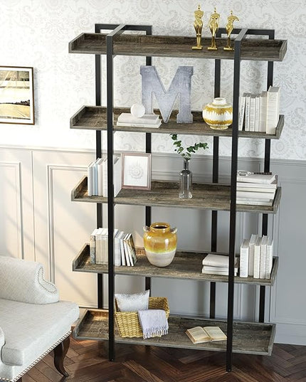 Rolanstar Book Shelf 5-Tier, 71.8’’H Tall Bookshelf for Home Office, Open Wood Display Shelves, Large Standing Bookcase with Metal for Living Room, Industrial Corner Bookshelf Grey - LeafyLoom