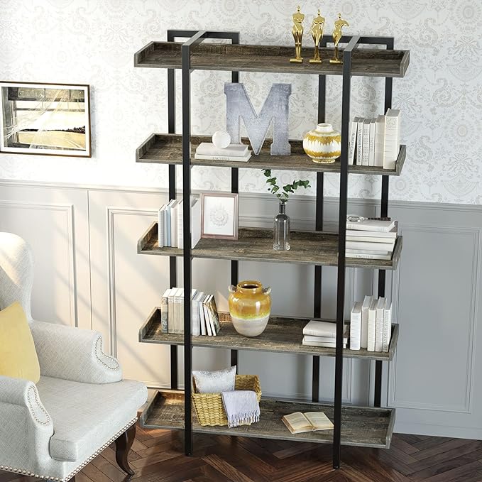Rolanstar Book Shelf 5-Tier, 71.8’’H Tall Bookshelf for Home Office, Open Wood Display Shelves, Large Standing Bookcase with Metal for Living Room, Industrial Corner Bookshelf Grey - LeafyLoom