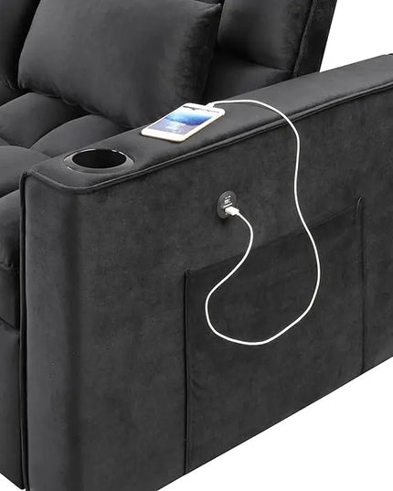Convertible Sleeper Couch Bed, Black w/ 2 Cup Holder and USB Port - LeafyLoom