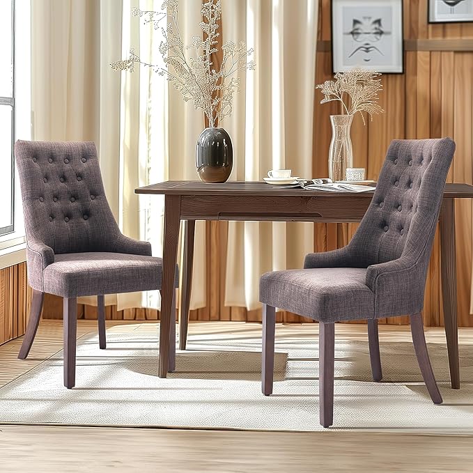 COLAMY Wingback Upholstered Dining Chairs Set of 2, Fabric Side Dining Room Chairs with Tufted Button, Living Room Chairs for Home Kitchen- Brown - LeafyLoom