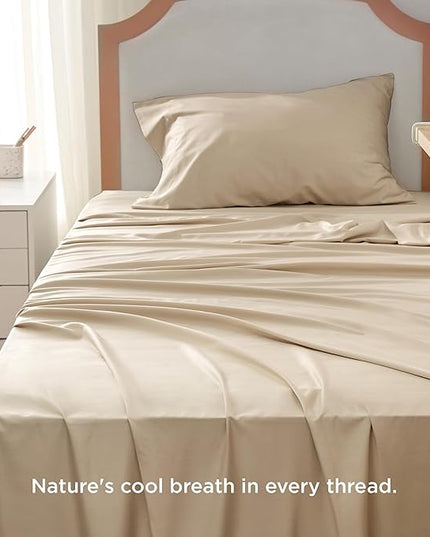 Bedsure Twin XL Sheet Set Dorm Bedding, Cooling Sheets Twin Extra Long Sheets, Rayon Derived from Bamboo, Deep Pocket Up to 16", Hotel Luxury Silky Bedding Sheets & Pillowcases, Beige - LeafyLoom
