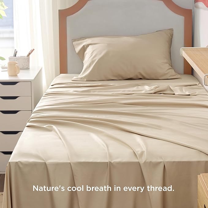 Bedsure Twin XL Sheet Set Dorm Bedding, Cooling Sheets Twin Extra Long Sheets, Rayon Derived from Bamboo, Deep Pocket Up to 16", Hotel Luxury Silky Bedding Sheets & Pillowcases, Beige - LeafyLoom