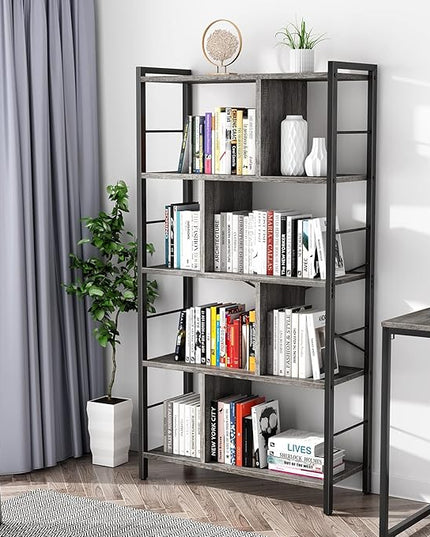armocity Bookshelf, 5 Tier Tall Modern Bookcase Wood Metal Frame Standing Book Shelf, Display Bookshelves Storage Organizer for Bedroom Living Room Home Office, Grey - LeafyLoom