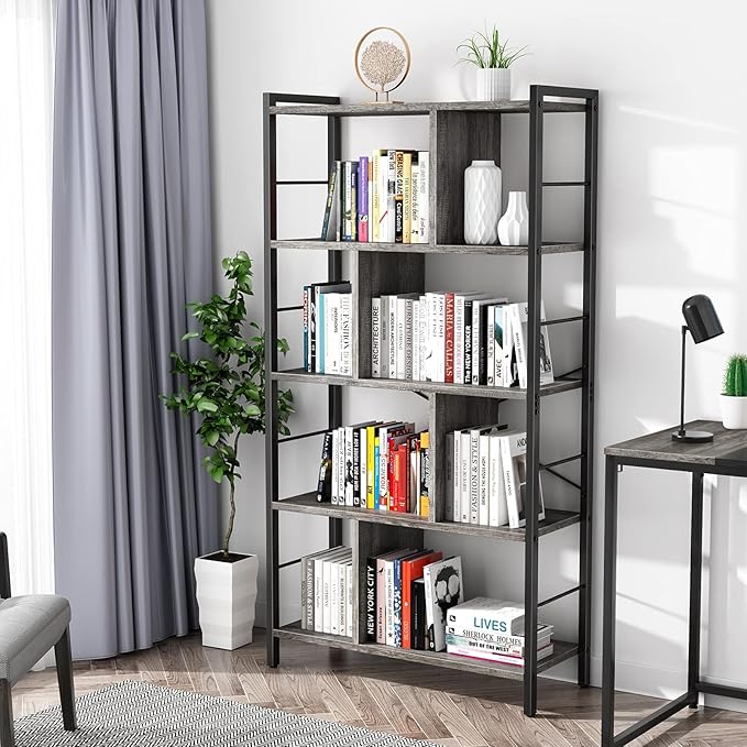 armocity Bookshelf, 5 Tier Tall Modern Bookcase Wood Metal Frame Standing Book Shelf, Display Bookshelves Storage Organizer for Bedroom Living Room Home Office, Grey - LeafyLoom