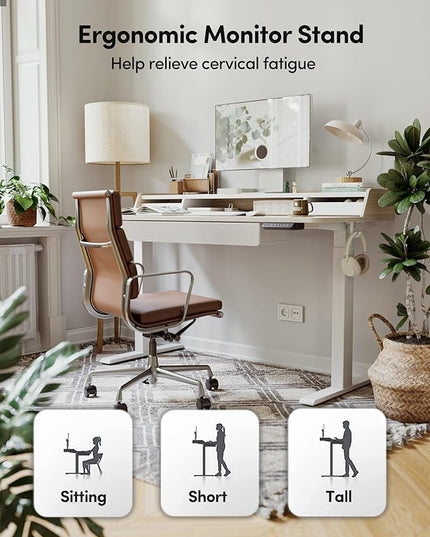 BANTI Height Adjustable Electric Standing Desk with Three Drawers, 48 x 25 Inch Table with Storage Shelf, Sit Stand Desk with Storage Space, Splice Board with White Frame/Light Walnut Top, 48 inch - LeafyLoom