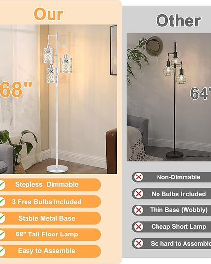 68" Farmhouse floor lamp, Dimmable Industrial Floor Lamps for Living Room, 3 Light Rustic Standing Tall Lamp Including 3 PCS 6W Edison Bulbs, Tree Floor Lamp for Bedrooms Room, Office, Bar, Silver - LeafyLoom