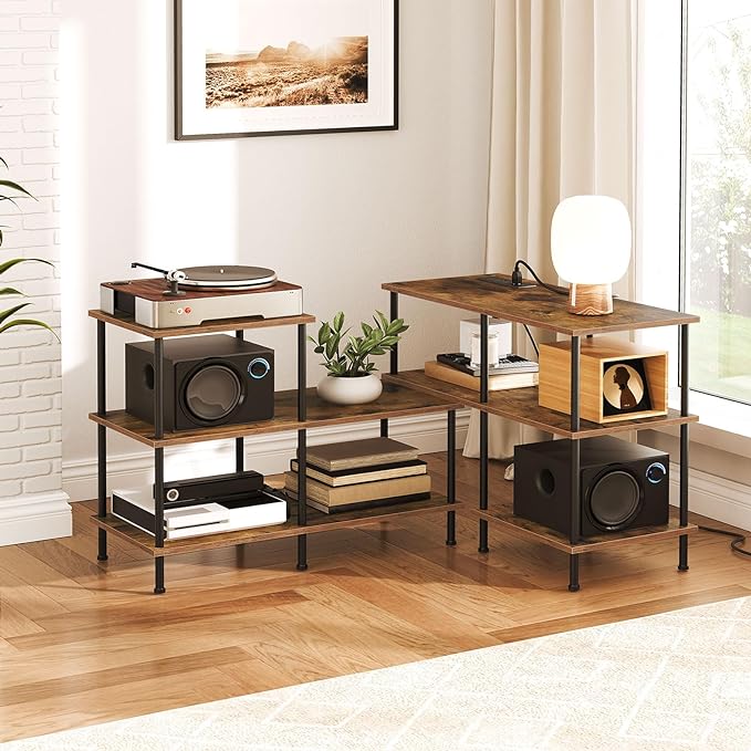 HOOBRO TV Stand, Deformable TV Stand with Power Outlets to 75 Inch, Modern Entertainment Center with Storage Shelves, Media TV Console Table for Living Room, Bedroom, Rustic Brown and Black BF15UDS01 - LeafyLoom