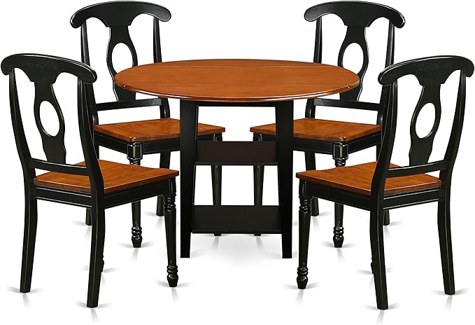 East West Furniture SUKE5-BCH-W Sudbury 5 Piece Kitchen Set for 4 Includes a Round Room Table with Dropleaf & Shelves and 4 Dining Chairs, 42x42 Inch - LeafyLoom