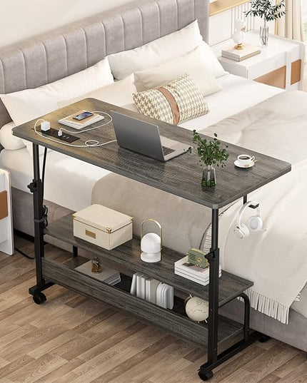 Height Adjustable Standing Desk with Power Outlets, 39" Manual Stand Up Desk with Storage Shelves Small Mobile Rolling Computer Desk Portable Laptop Table with Wheels for Home Office, Grey Oak - LeafyLoom