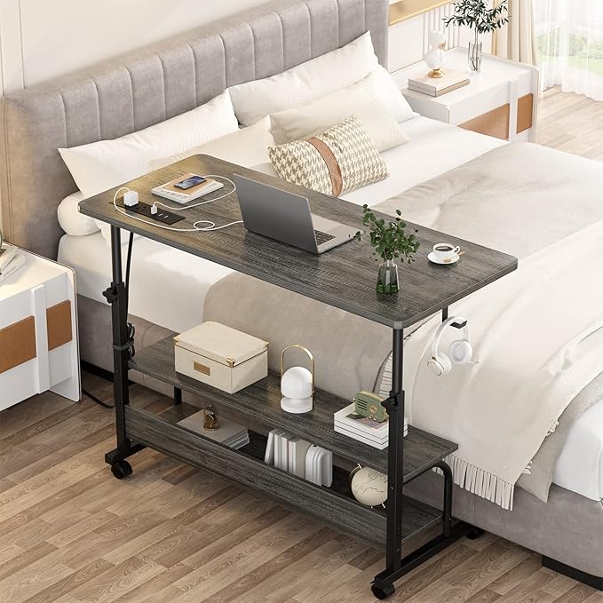 Height Adjustable Standing Desk with Power Outlets, 39" Manual Stand Up Desk with Storage Shelves Small Mobile Rolling Computer Desk Portable Laptop Table with Wheels for Home Office, Grey Oak - LeafyLoom