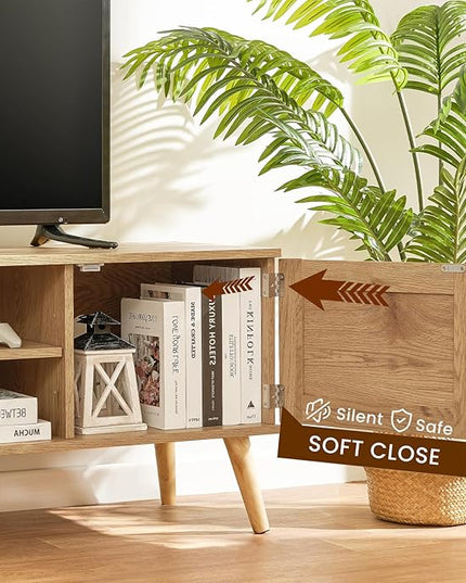 Iwell Boho Rattan TV Stand for 70 inch TV, Large TV Console, Entertainment Center with Adjustable Shelf and 2 Cabinets, Mid Century Modern TV Stands for Living Room, Bedroom, Natural - LeafyLoom