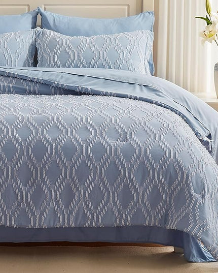 EMME Queen Comforter Set - 7 Pcs Blue Boho Bedding Sets, Full Size Tufted Comforter with Sheets, Shabby Chic Embroidery Queen Bed Set Fluffy Bed Bag for All Season(90"X90") - LeafyLoom
