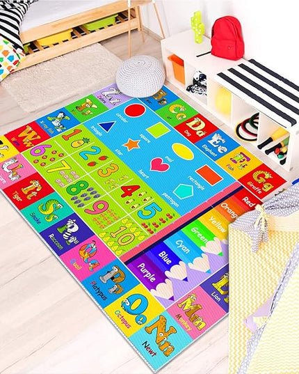 Kids Alphabet Play Game Rug - 3' 3" x 5' 3" ABC Numbers and Shapes Educational Learning Toddler Carpet - Kids Room Playroom Classroom Kindergarten Activity Fun Soft Non-Slip Mat - LeafyLoom
