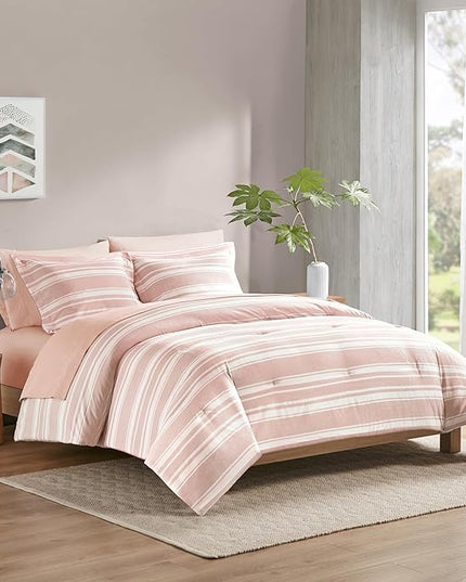 Codi Bed in a Bag Twin Size Complete Set, Pink and White Striped Single Comforter Set 5 Piece for Teen Girls, Modern Neutral Cationic Dyeing Bed Sets with Comforter, Sheets, Pillowcases & Shams - LeafyLoom