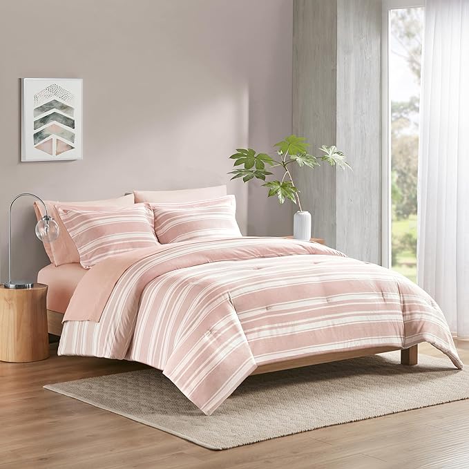 Codi Teen Girl Bedding Full Size, Pink Striped Bed in a Bag Reversible All Season Bed Set, 7 Piece Comforter Set with 2 Pillow Shams, Flat Sheet, Fitted Sheet and 2 Pillowcases - LeafyLoom