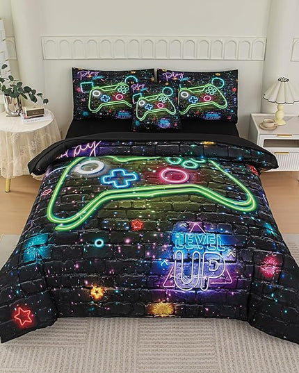 NINENINE Gaming Bedding Sets for Boys, 6PCS Queen Size Comforter Sets for Boys,Gamer Bedding Bed in A Bag Comforter Sheet Set(1Comforter,1Flat Sheet,1Fitted Sheet,1Cushion Cover,2Pillowcases)… - LeafyLoom