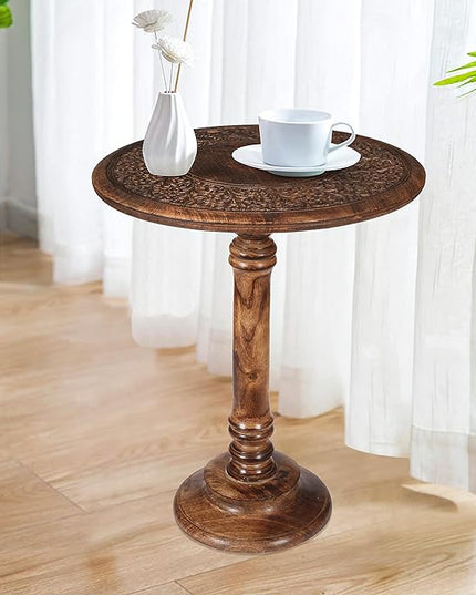 Round End Table,Small Table,Side Table, Side Tables Living Room,End Table,Round Side Table,Altar Table, Carved Side Table,Wood Accent Table,Carved Wood Table Single Pillar 18x22 inch Burnt - LeafyLoom
