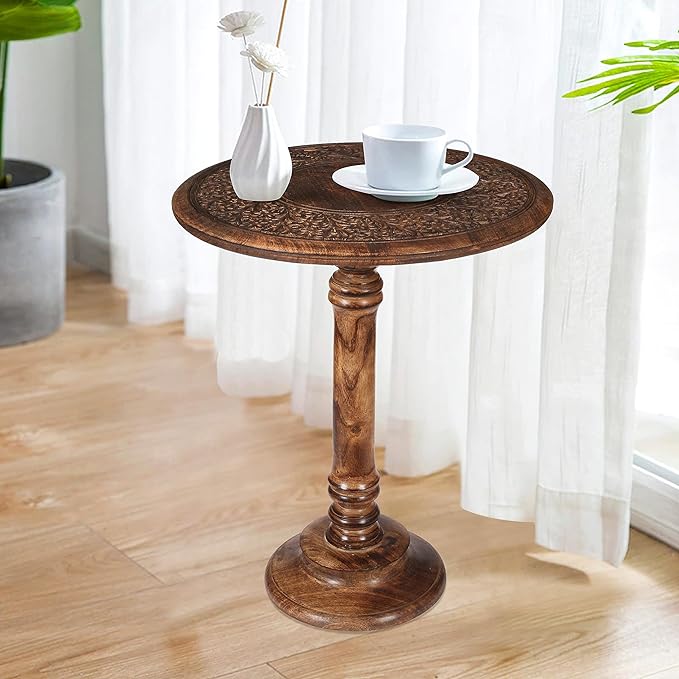 Round End Table,Small Table,Side Table, Side Tables Living Room,End Table,Round Side Table,Altar Table, Carved Side Table,Wood Accent Table,Carved Wood Table Single Pillar 18x22 inch Burnt - LeafyLoom