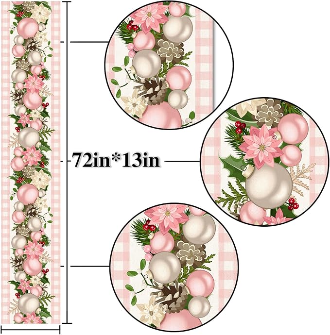 Nepnuser Pink Christmas Table Runner Pink and White Buffalo Check Plaid Xmas Decoration Seasonal Winter Holiday Home Kitchen Island Dining Room Decor Nepnuser