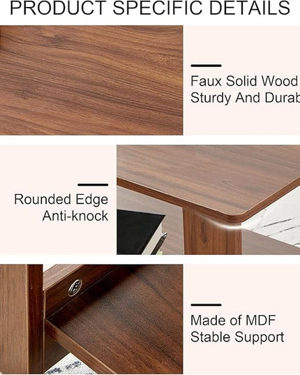 Farmhouse Wood Coffee Table - Boho Tea Table with Storage Shelf, Rectangle Center Table Wood Look Accent Table, 2-Tier Sofa Side Table Modern Rectangular Coffee Table Living Room Furniture - LeafyLoom
