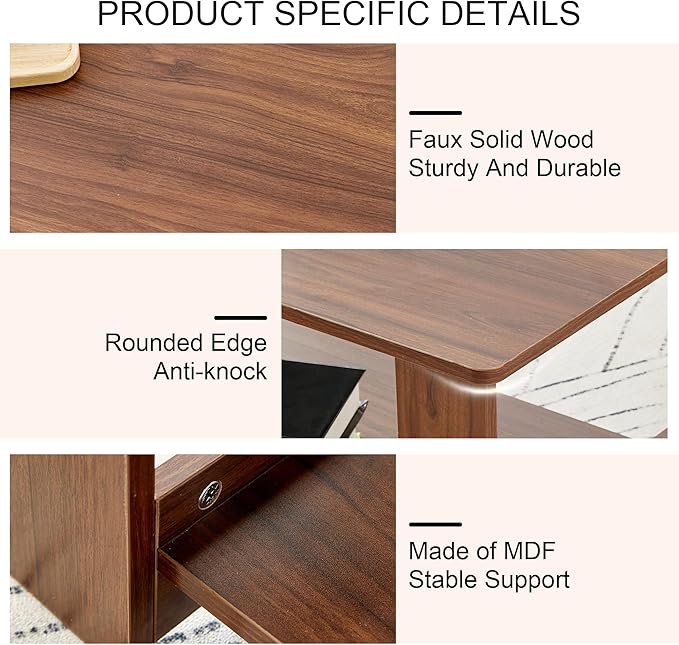 Farmhouse Wood Coffee Table - Boho Tea Table with Storage Shelf, Rectangle Center Table Wood Look Accent Table, 2-Tier Sofa Side Table Modern Rectangular Coffee Table Living Room Furniture - LeafyLoom