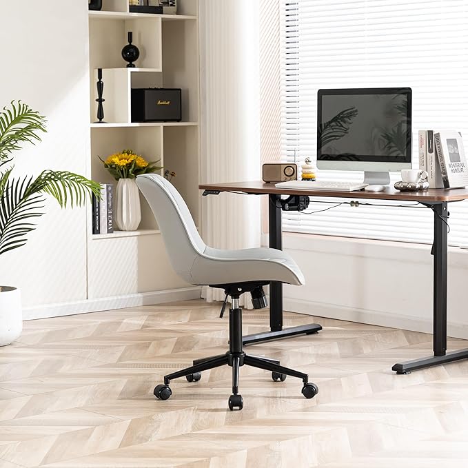 YOUNIKE Desk Chair with Wheels Armless Office Chair Swivel Rolling Task Chair with Back Upholstered Faux Leather Computer Chair Height Adjustable Modern Ergonomic Seat, Loads 300 lbs, Grey - LeafyLoom