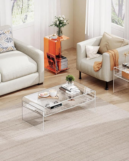 Acrylic Coffee Table for Living Room Clear Rectangle Lucite Table with Open Storage Shelf, Clear - LeafyLoom