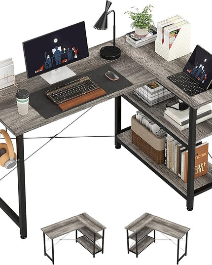 COTUBLR L Shaped Computer Desk, 47 Inch Small Corner Desk with Storage Shelves, Computer Desk Table Laptop Table Writing Desk Study Table for Home Office Workstation Small Spaces (Grey Oak) - LeafyLoom