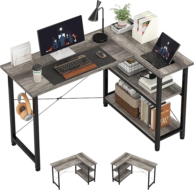 COTUBLR L Shaped Computer Desk, 47 Inch Small Corner Desk with Storage Shelves, Computer Desk Table Laptop Table Writing Desk Study Table for Home Office Workstation Small Spaces (Grey Oak) - LeafyLoom