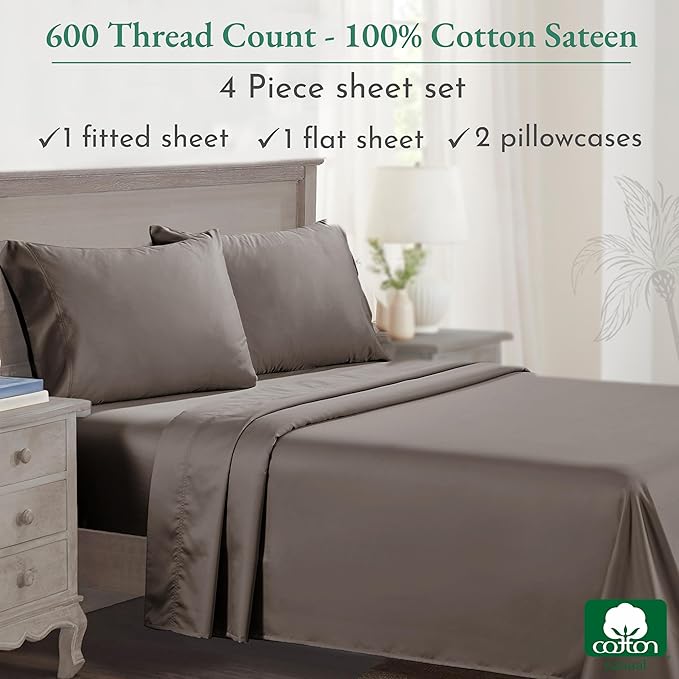 California Design Den 100% Cotton Full Size Bed Sheets, 600 Thread Count Sateen, Soft, Cooling Brown Full Size Sheet Set with Deep Pockets, Hotel-Quality Bedding - Brown - LeafyLoom