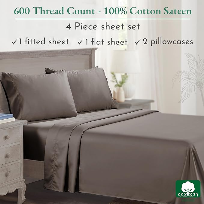 California Design Den 100% Cotton Sheet Set Queen, 600 Thread Count Sateen, Soft, Cooling Deep Pocket Cotton Sheets, Hotel-Quality Queen Sheet Set - Brown - LeafyLoom