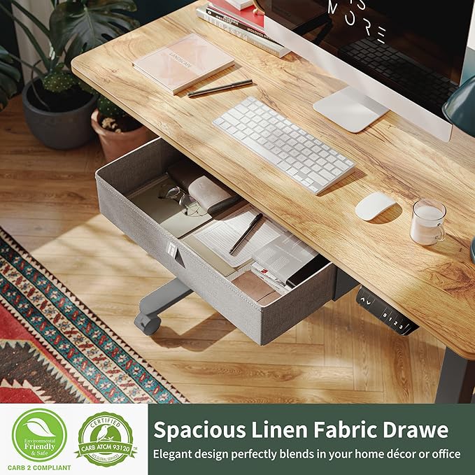 FEZIBO Standing Desk with Drawer, 55 x 24 Inches Adjustable Height Electric Stand up Desk with Storage, Sit Stand Home Office Desk, Light Rustic/Grey Frame - LeafyLoom
