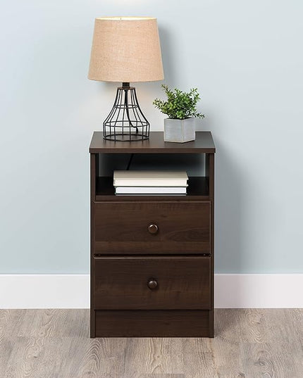 Prepac Astrid Simplistic Nightstand Side Table with 2 Drawers and Open Shelf, Functional Bedside Table 15.5" D x 16" W x 24.5" H, Espresso, EDNH-0402-1 - LeafyLoom