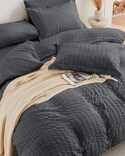 HYMOKEGE Seersucker Comforter Set Full Size 3 Pieces, Lightweight Comforter Sets for Bedding, Bed Set with 1 All Season Soft Down Alternative Comforter and 2 Pillow Shams, Dark Grey - LeafyLoom