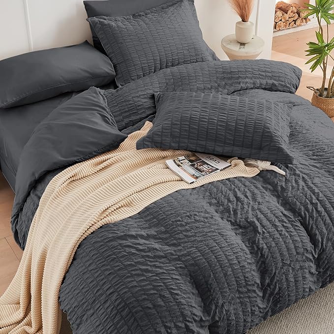HYMOKEGE Seersucker Comforter Set Full Size 3 Pieces, Lightweight Comforter Sets for Bedding, Bed Set with 1 All Season Soft Down Alternative Comforter and 2 Pillow Shams, Dark Grey - LeafyLoom