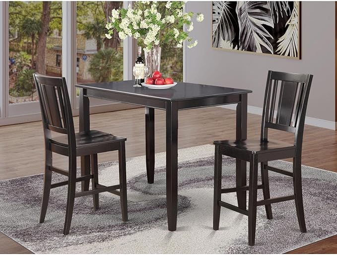 East West Furniture BUCK3-BLK-W 3 Piece Kitchen Counter Height Set Contains a Rectangle Dining Room Table and 2 Wooden Seat Chairs, 30x48 Inch - LeafyLoom