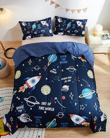 beeweed 2 Piece Kid Comforter Set Twin Size, Space Rocket Bedding Set for Teen Boys Girls - LeafyLoom